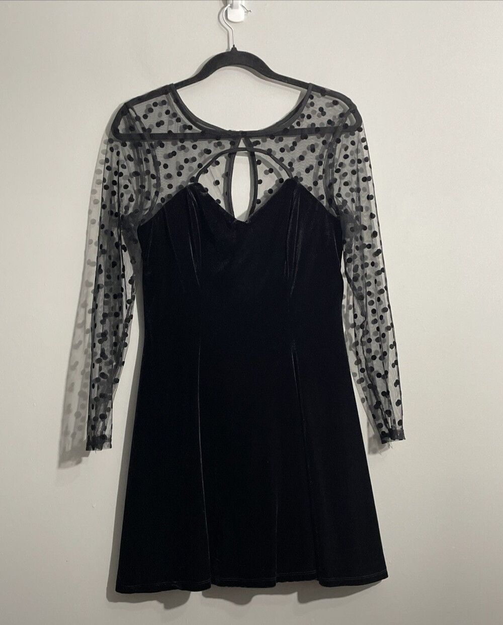 City Vibes Women’s L Velour Dress Polka Dot Sheer Yoke Dramatic Romantic